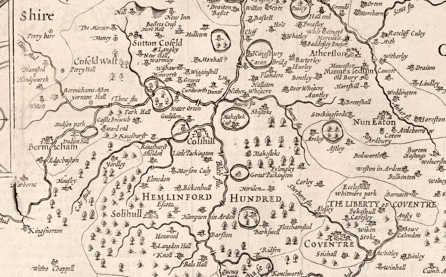 Old Map of Warwickshire in 1611 by John Speed - Birmingham, Coventry, Solihull, Warwick