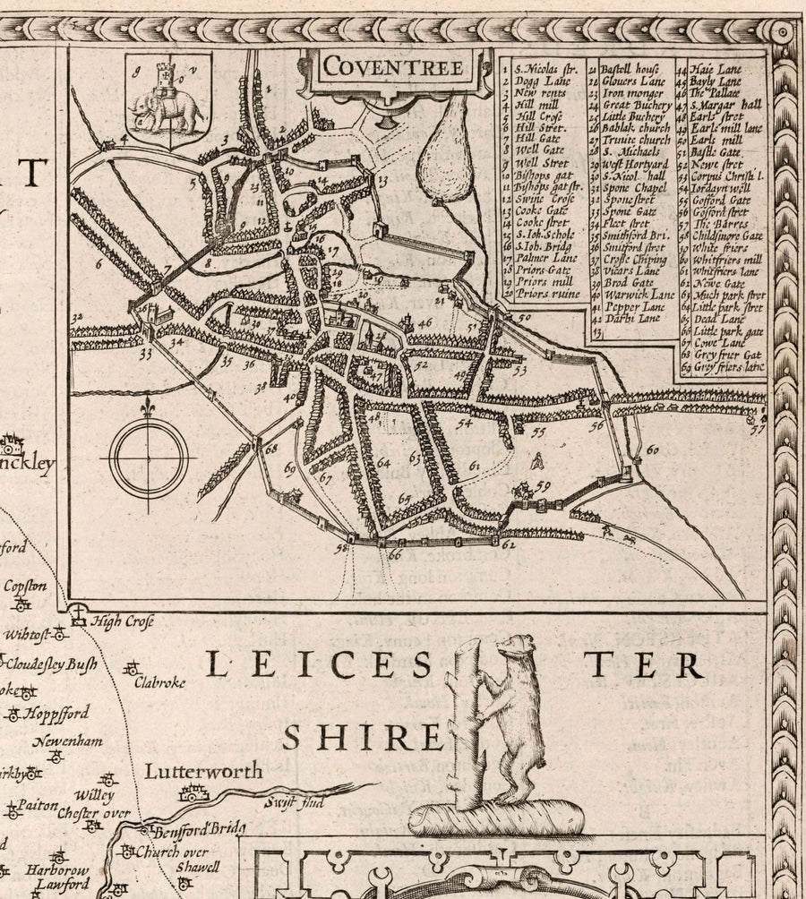 Old Map of Warwickshire in 1611 by John Speed - Birmingham, Coventry, Solihull, Warwick