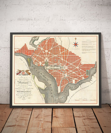 Très ancienne carte de Washington DC, 1795 de John Russell - Georgetown, Maison-Blanche, Capitole, Maison-Blanche, Plan de la ville