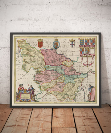 Ancienne carte de West Yorkshire, 1665 par Joan Blaeu - York, Bradford, Sheffield, Leeds, Huddersfield, Halifax, Wakefield