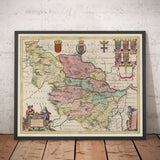 Alte Karte von West Yorkshire, 1665 von Joan Blaeu - York, Bradford, Sheffield, Leeds, Huddersfield, Halifax, Wakefield 