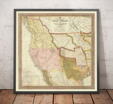 Mappa Antica degli Stati Uniti Occidentali, 1846 di Samuel Mitchell - Grande California e Oregon - Indiano, Territorio del Missouri - Possedimenti Britannici 