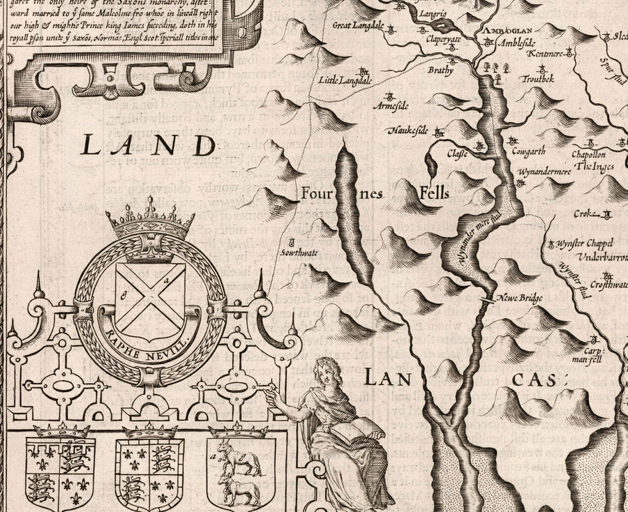 Vecchia mappa monocromatica del Westmorland, 1611 di John Speed - Lago di District, Cumbria, Kendal, Windermere, Grasmere 