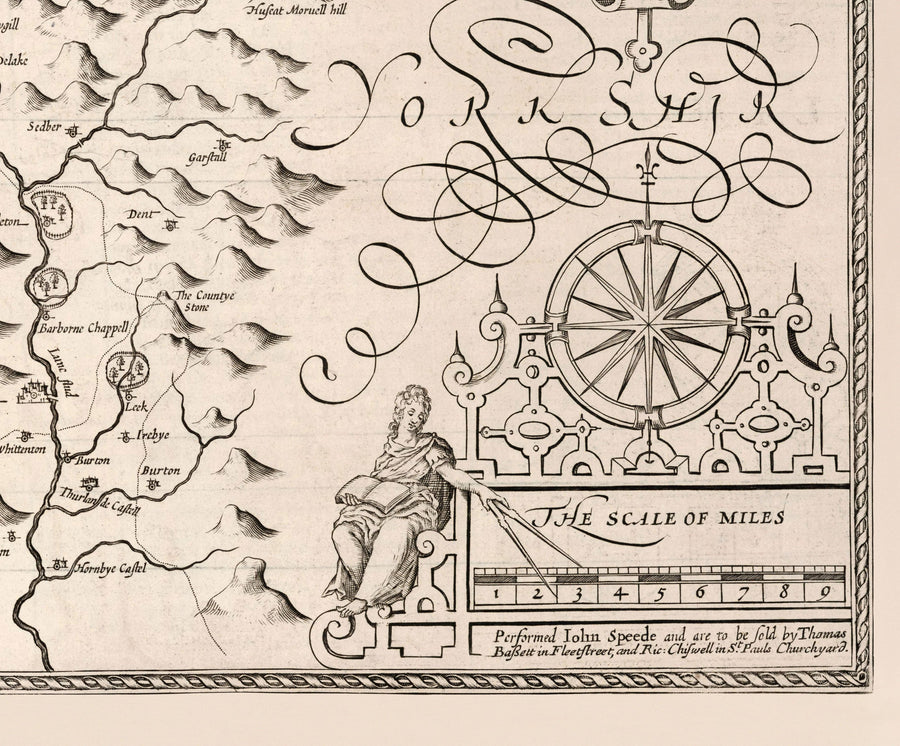 Vecchia mappa monocromatica del Westmorland, 1611 di John Speed - Lago di District, Cumbria, Kendal, Windermere, Grasmere 
