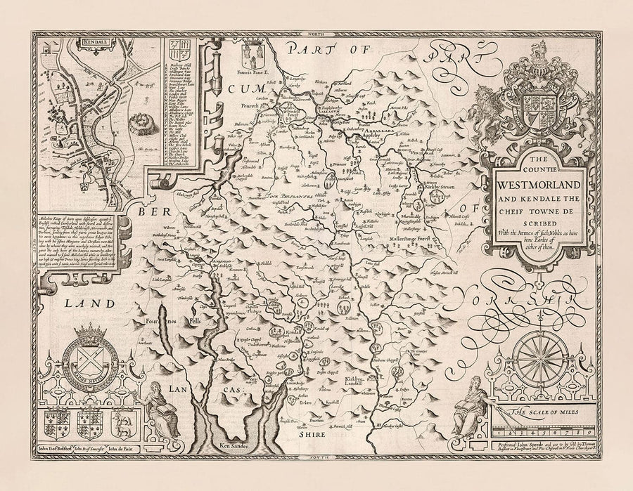 Vecchia mappa monocromatica del Westmorland, 1611 di John Speed - Lago di District, Cumbria, Kendal, Windermere, Grasmere 