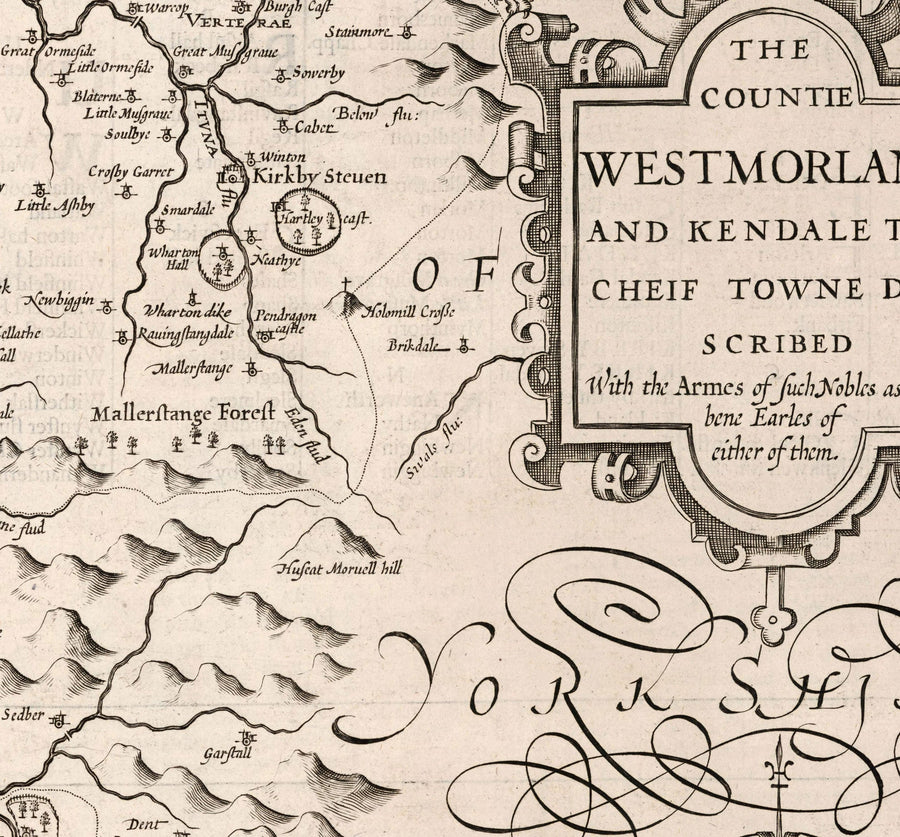 Vecchia mappa monocromatica del Westmorland, 1611 di John Speed - Lago di District, Cumbria, Kendal, Windermere, Grasmere 