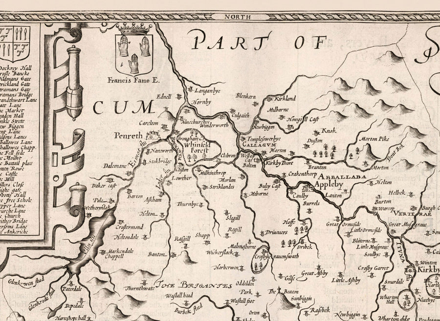 Vecchia mappa monocromatica del Westmorland, 1611 di John Speed - Lago di District, Cumbria, Kendal, Windermere, Grasmere 