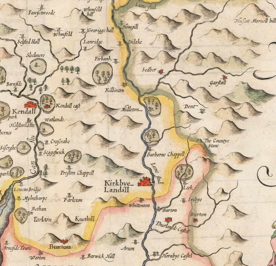 Ancienne carte de Westmorland, 1611 par John Speed ​​- Lac District, Cumbria, Kendal, Windermere, Grasmère