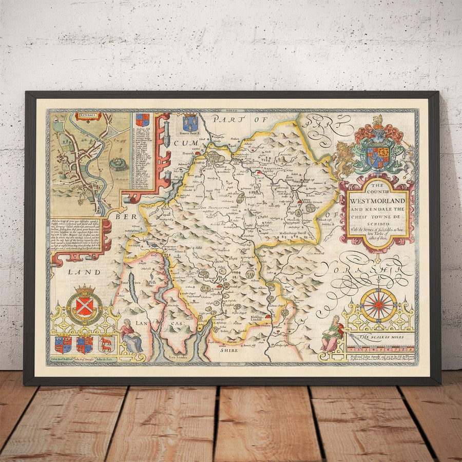 Ancienne carte de Westmorland, 1611 par John Speed ​​- Lac District, Cumbria, Kendal, Windermere, Grasmère