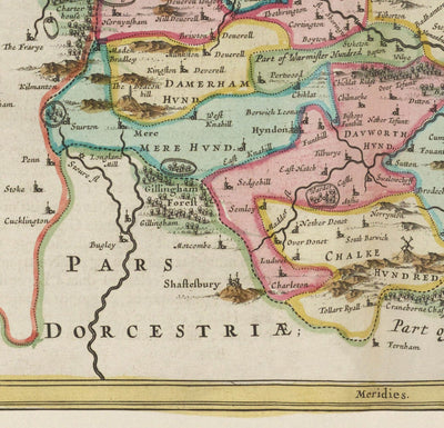 Mapa antiguo de Wiltshire en 1665 por Joan Blaeu - Salisbury, Stonehenge, Swindon, Trowbridge, Chippenham, Melksham