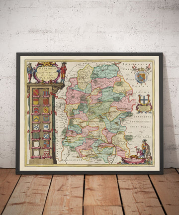 Ancienne carte de Wiltshire en 1665 par Joan Blaaueu - Salisbury, Stonehenge, Swindon, Trowbridge, Chippenham, Melksham