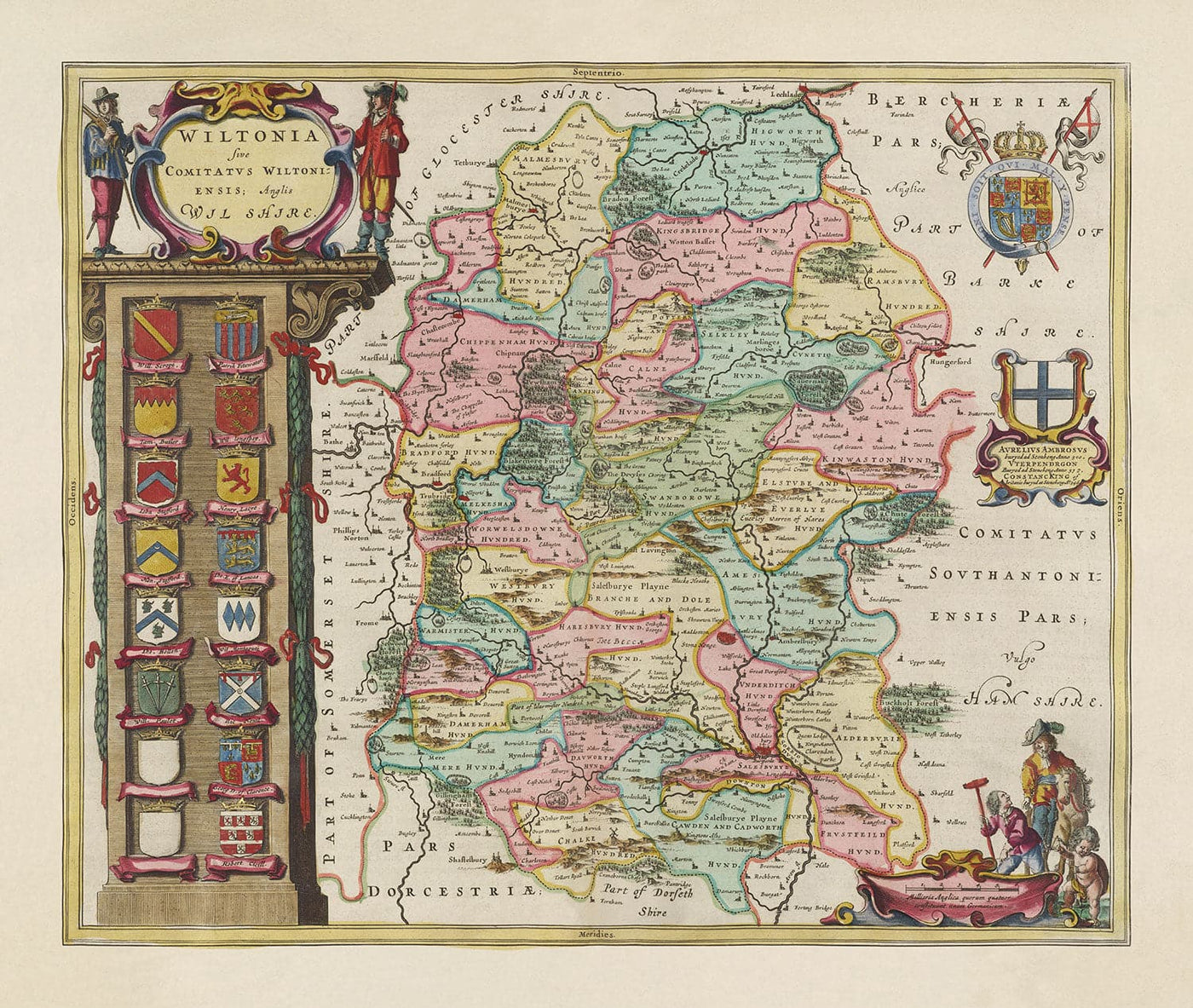 Mapa antiguo de Wiltshire en 1665 por Joan Blaeu - Salisbury, Stonehenge, Swindon, Trowbridge, Chippenham, Melksham