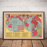 Old World War 2 Map, 1945 - "3 Years of War" by Edwin Sundberg - Allies vs. Axis - USA's Involvement in WW2