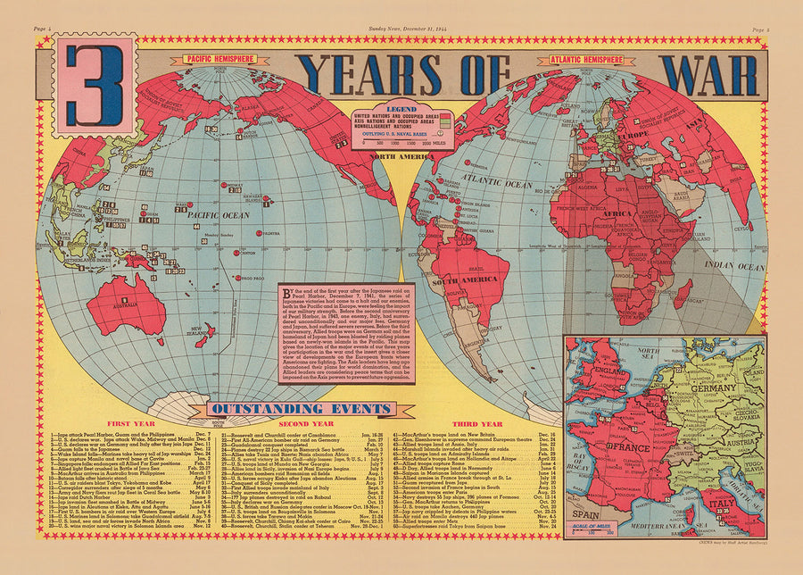 Old World War 2 Map, 1945 - "3 Years of War" by Edwin Sundberg - Allies vs. Axis - USA&