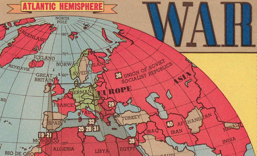 Old World War 2 Map, 1945 - "3 Years of War" by Edwin Sundberg - Allies vs. Axis - USA&