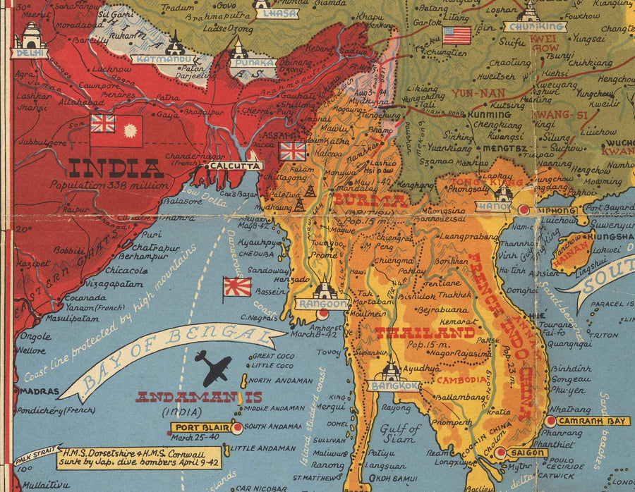 Alte Weltkriegs-2-Karte des Pazifiks und Tokios im Jahr 1942 von Stanley Turner - "Datierte Ereignisse" Invasion von Japan und dem Fernen Osten 