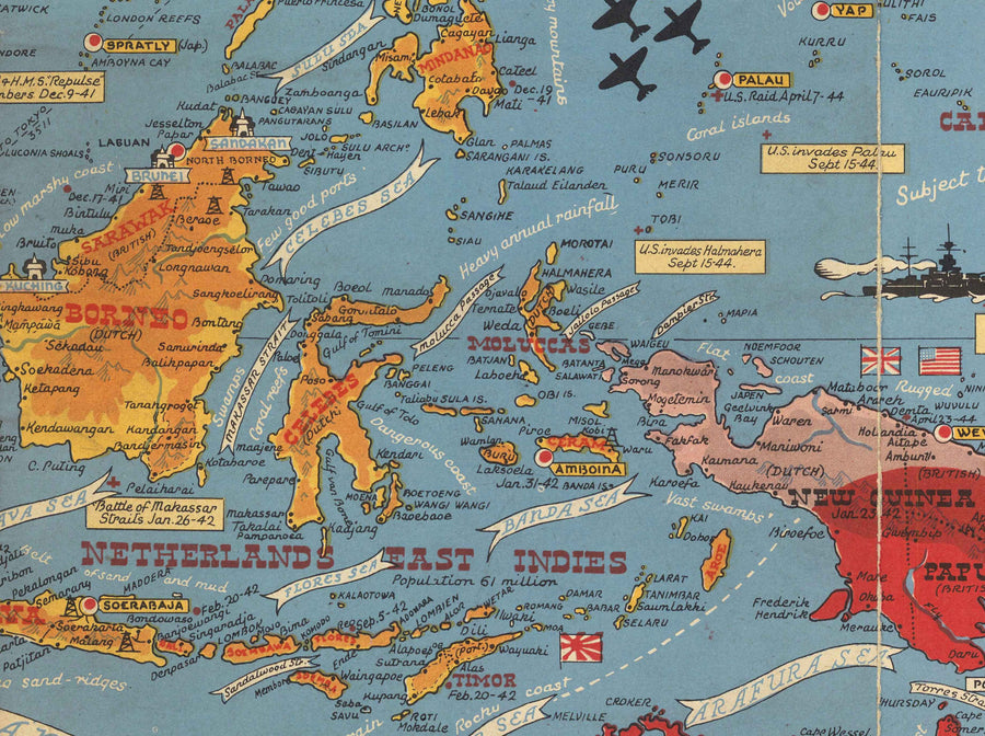 Alte Weltkriegs-2-Karte des Pazifiks und Tokios im Jahr 1942 von Stanley Turner - "Datierte Ereignisse" Invasion von Japan und dem Fernen Osten 