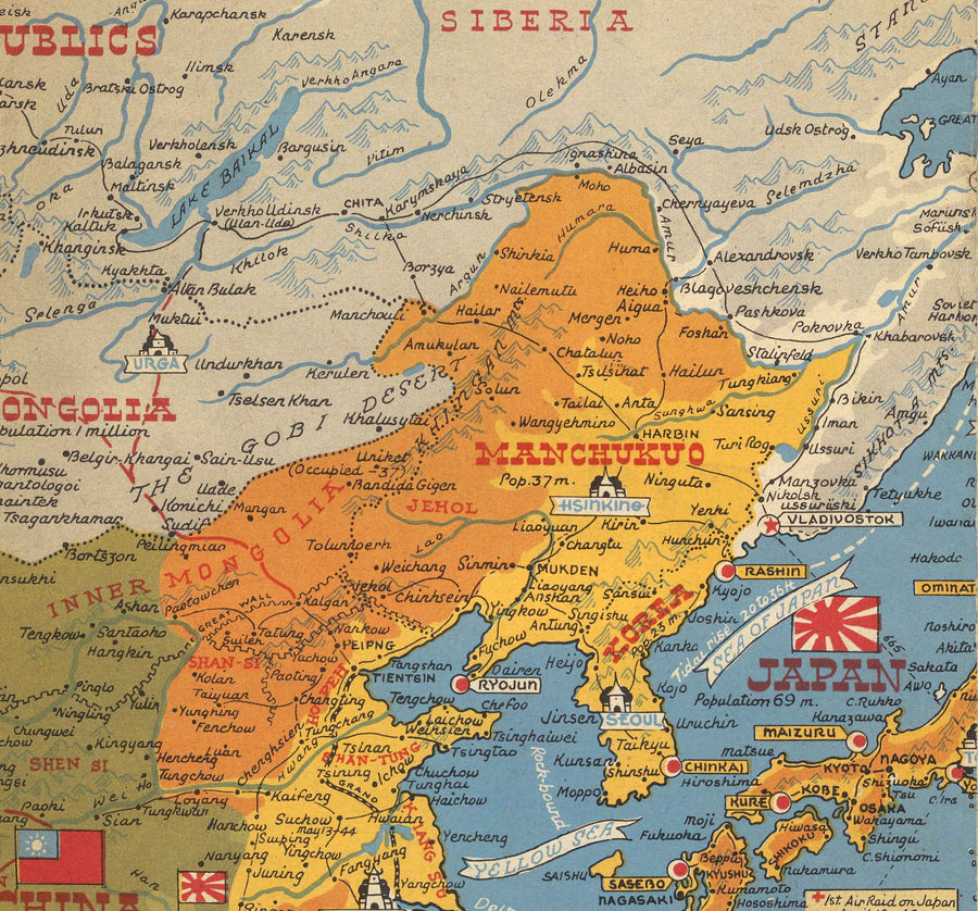 Alte Weltkriegs-2-Karte des Pazifiks und Tokios im Jahr 1942 von Stanley Turner - "Datierte Ereignisse" Invasion von Japan und dem Fernen Osten 