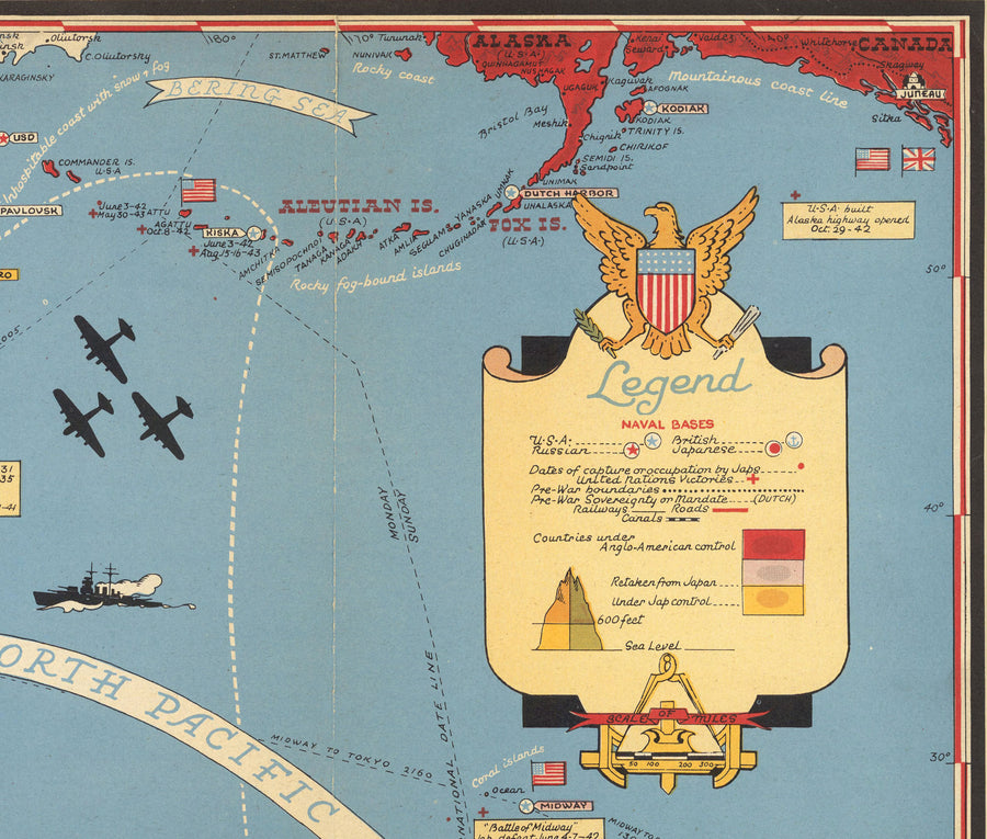 Alte Weltkriegs-2-Karte des Pazifiks und Tokios im Jahr 1942 von Stanley Turner - "Datierte Ereignisse" Invasion von Japan und dem Fernen Osten 