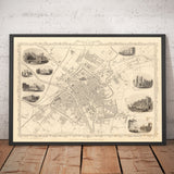 Old Map of York in 1851 by Tallis & Rapkin - City Centre Chart, York Minster Cathedral, River Ouse