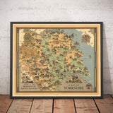Mapa antiguo de Yorkshire, 1949 - Gráfico pictórico ferroviario británico - York, Sheffield, Bradford, Leeds, Middlesbrough, Pennines