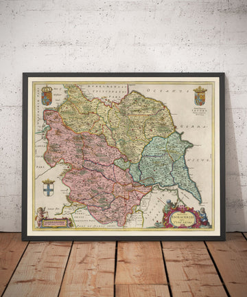 Antica mappa dello Yorkshire nel 1654 di Joan Blaeu - York, Bradford, Sheffield, Leeds, Middlesbrough, Harrogate 