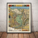 Old Pictorial Map of Yosemite National Park in 1941 by Jo Mora - Mirror Lake, Vernal Falls, Nevada Falls, Eagle Peak, Washington Column