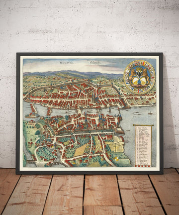 Ancienne carte de Zurich, Suisse 1638 par Matthaus Merian - Lac de Zurich, rivière Limmat, canaux, murs du château, blason 