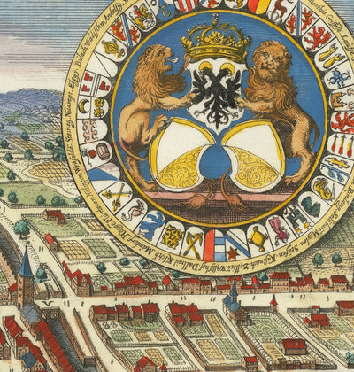 Ancienne Carte de Zurich, Suisse 1638 de Matthaus Merian - Lac Zurich, Rivière Limmat, Canaux, Murs de château, Masmes